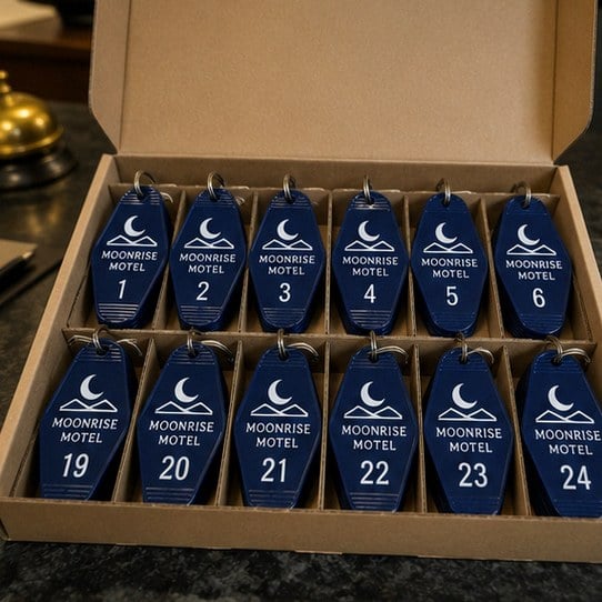 Custom motel keychains — customer photo